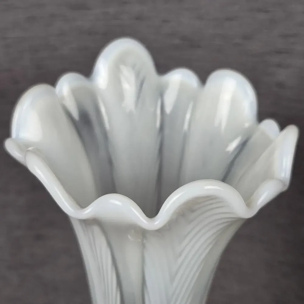 Vintage Fenton Opalescent Vase Strech Glass Swung Feathered White Ruffled 11.5
